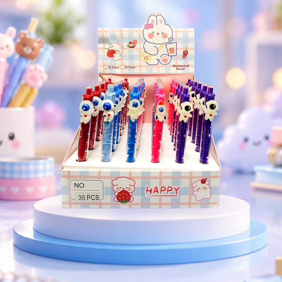 Maze Pen (Character Caps): maze pens with character caps in a display box, on a pastel blue podium — wholesale kawaii pens from Tirth Enterprise