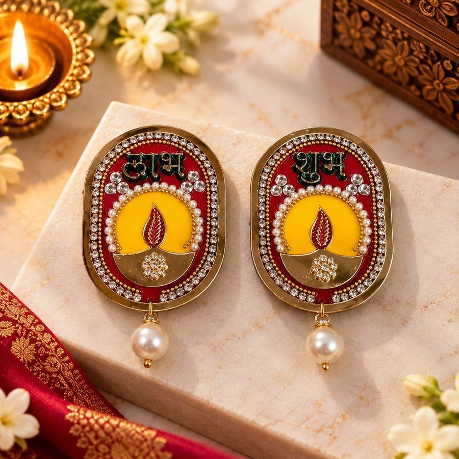 Diya-motif Shubh-Labh with pearl drop, Festive & Pooja, Tirth Enterprise