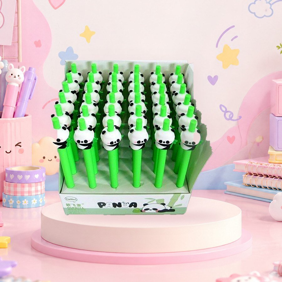 Mechanical Pencil (Panda): mechanical pencils with panda toppers in a display box, on a pink kawaii desk — wholesale kawaii mechanical pencils from Tirth Enterprise