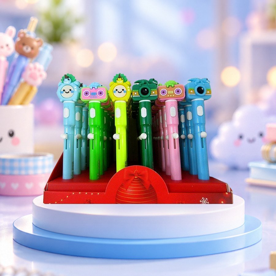 Erasable LED Pen (Retro): erasable LED pens, retro design, on a pastel blue podium — wholesale kawaii pens from Tirth Enterprise