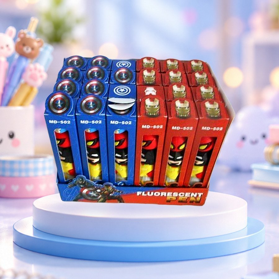 Pull-Apart Marker – Hero Set (5 Colours): superhero pull-apart markers, 5 colours, on a pastel blue podium — wholesale kawaii markers from Tirth Enterprise