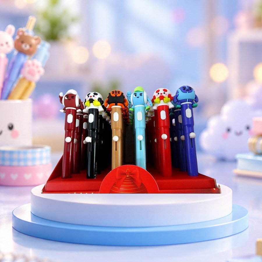 Erasable LED Pen (Sports): erasable LED pens, sports design, on a pastel blue podium — wholesale kawaii pens from Tirth Enterprise