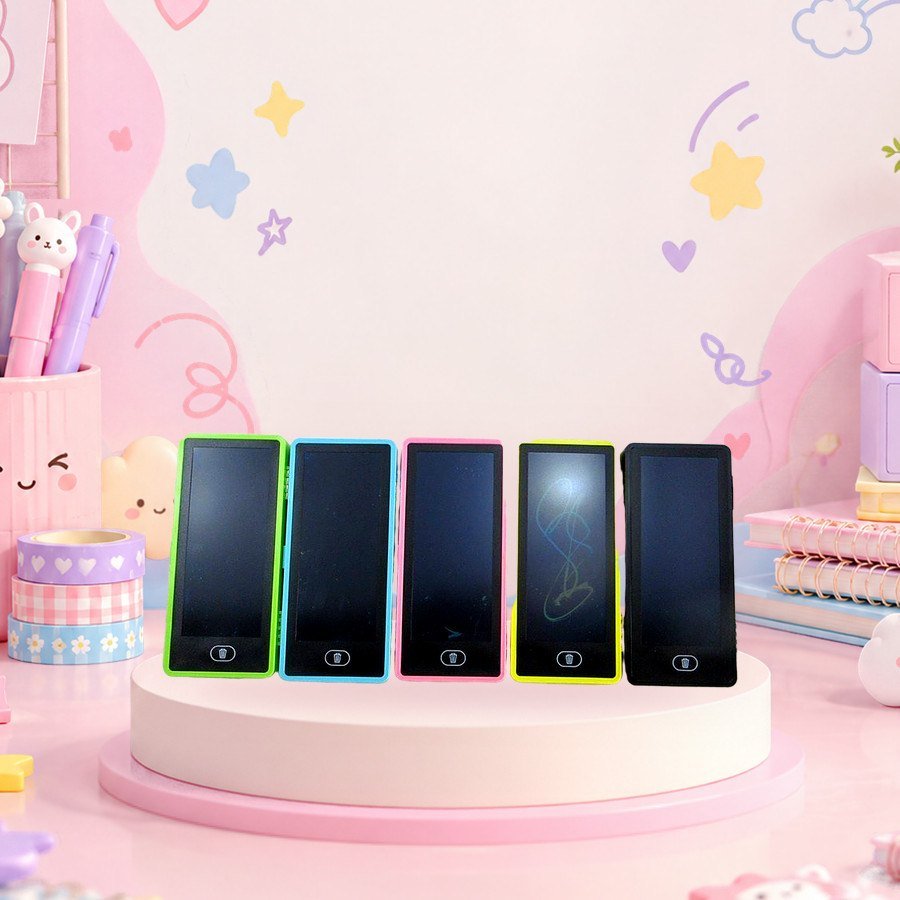 LCD Drawing Box (1 Layer): 1-layer LCD drawing boxes, on a pink kawaii desk — wholesale kawaii pencil boxes from Tirth Enterprise