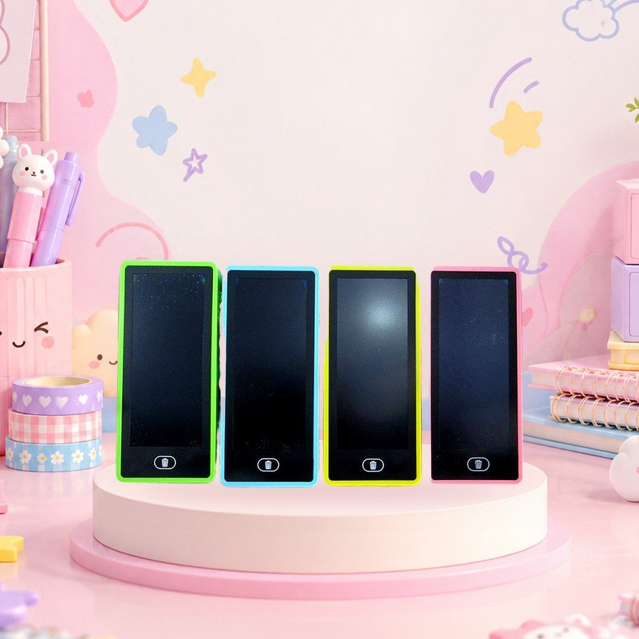 LCD Drawing Box (2 Layer): 2-layer LCD drawing boxes, on a pink kawaii desk — wholesale kawaii pencil boxes from Tirth Enterprise