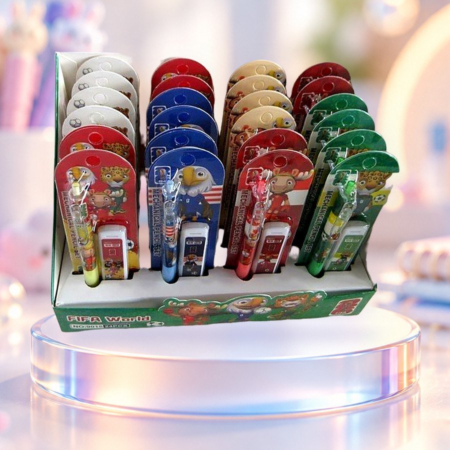 Mechanical Pencil With Leadbox (FIFA): FIFA mechanical pencils with lead box in a display box, on a clear glass podium — wholesale kawaii mechanical pencils from Tirth Enterprise