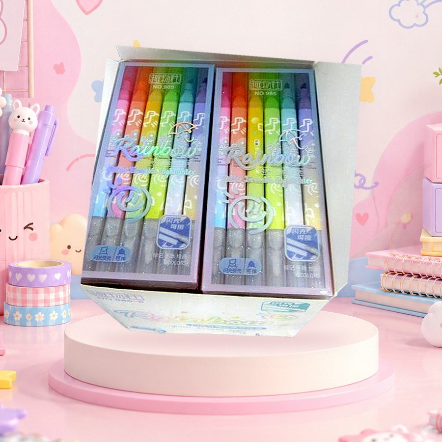 Erasable Marker Set (6 Colours): erasable marker sets of 6 colours in their packs, on a pink kawaii desk — wholesale kawaii markers from Tirth Enterprise