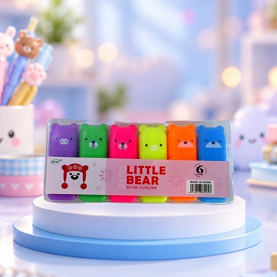 Mini Highlighter (6 Colours): mini highlighters, 6 colours, on a pastel blue podium — wholesale kawaii markers from Tirth Enterprise