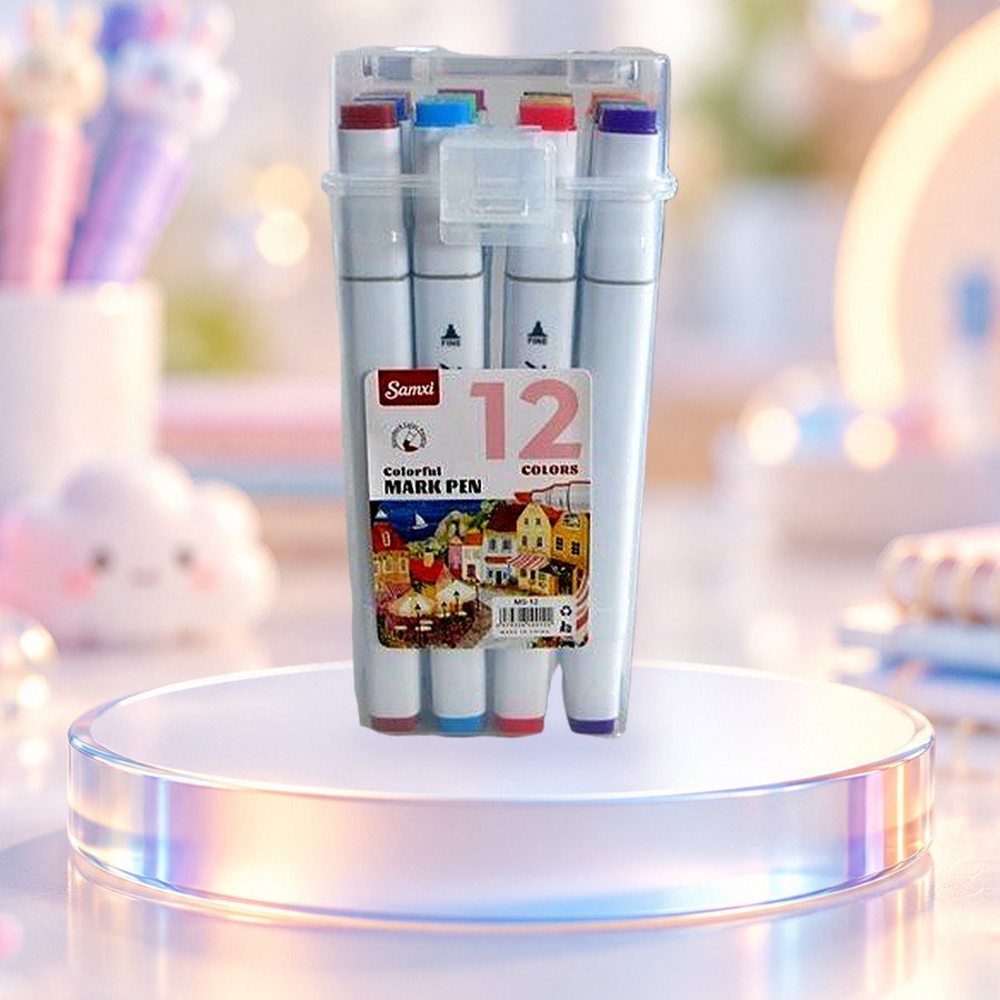 Acrylic Markers, Dual Tip (12 Colours): dual tip acrylic markers, 12 colours, on a clear glass podium — wholesale kawaii markers from Tirth Enterprise