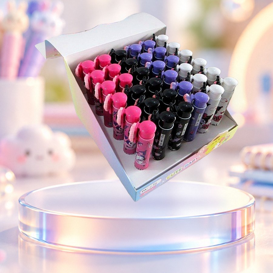 Press Eraser (Kuromi): Kuromi press erasers in a display box, on a clear glass podium — wholesale kawaii erasers from Tirth Enterprise
